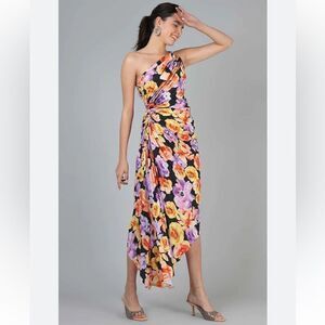 NWT Anthropologie Geisha Designs Asymmetrical Hem Midi Dress Purple Motif XXS